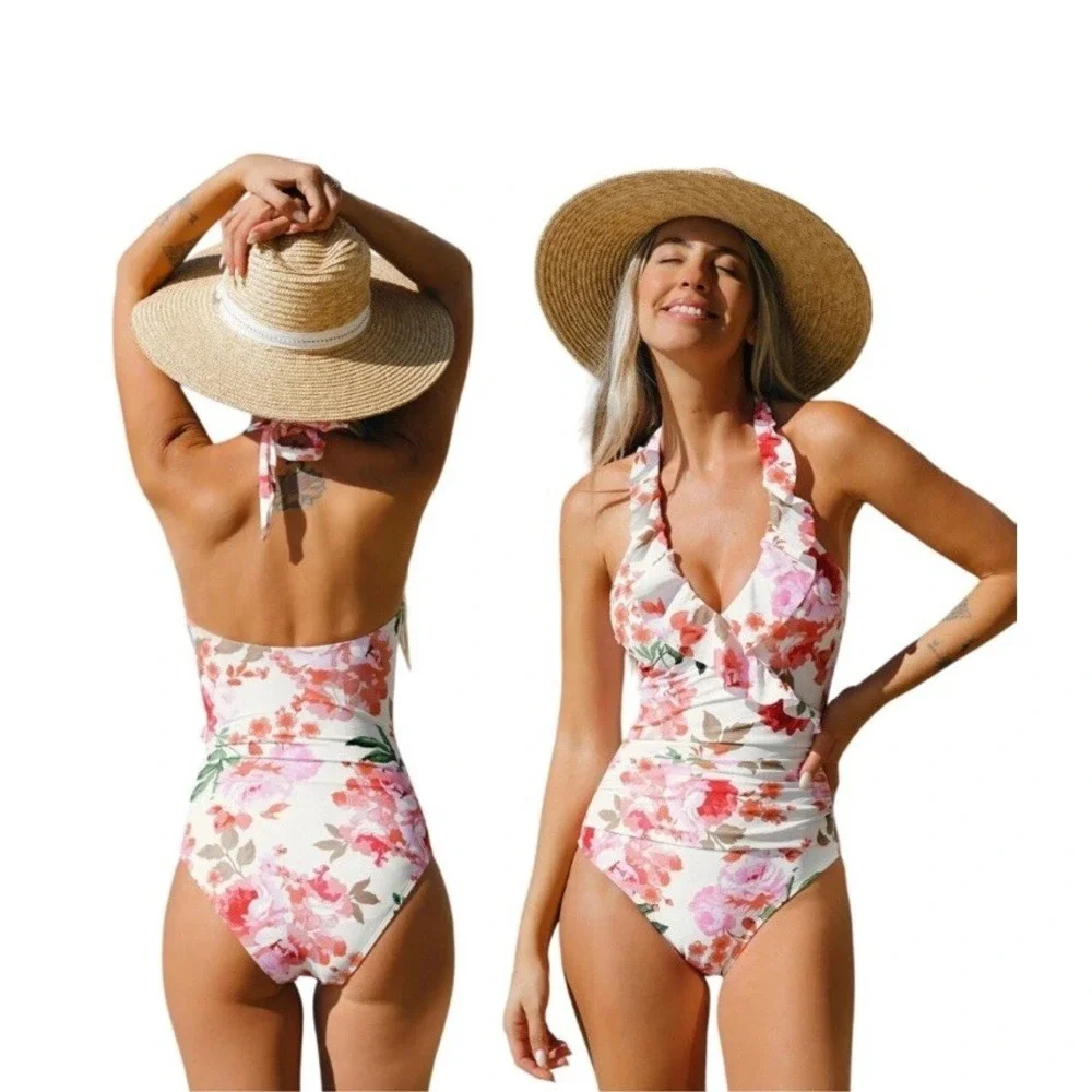 Cupshe Women's OnePiece Swimsuit Soft Bloom Tummy Control Halterneck Size XL NWT